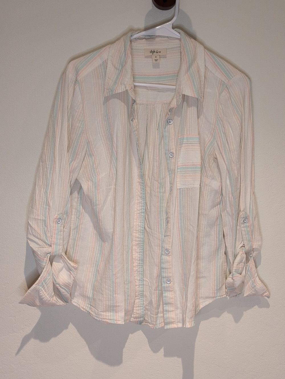 Style & Co. Cream Button-Down Shirt with Pastel Blue and Peach Stripes